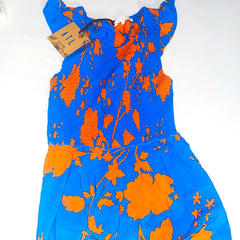 Blue- orange floral maxi dress Small NEW With TAg